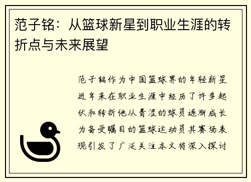 范子铭：从篮球新星到职业生涯的转折点与未来展望