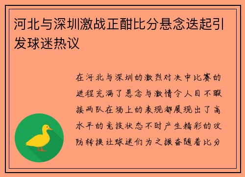 河北与深圳激战正酣比分悬念迭起引发球迷热议