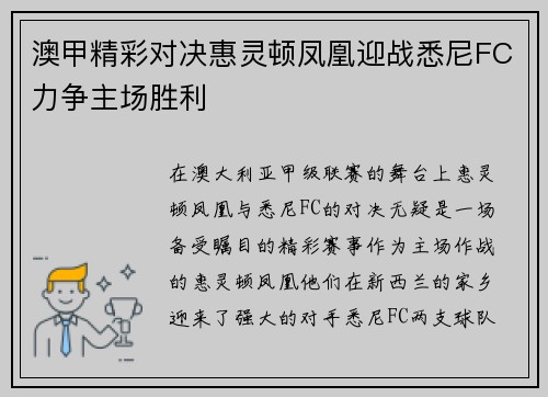 澳甲精彩对决惠灵顿凤凰迎战悉尼FC力争主场胜利