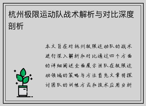 杭州极限运动队战术解析与对比深度剖析
