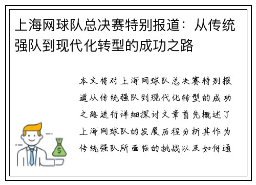 上海网球队总决赛特别报道：从传统强队到现代化转型的成功之路