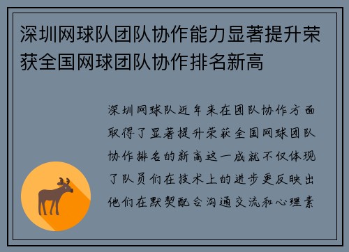 深圳网球队团队协作能力显著提升荣获全国网球团队协作排名新高